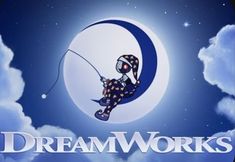 the logo for dream works with a cartoon character flying through the sky