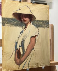 an oil painting of a woman in a white dress with a hat on her head