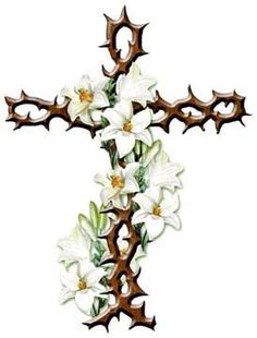 a cross with white flowers on it