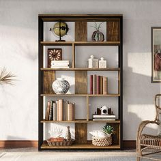 a bookshelf filled with lots of books next to a chair