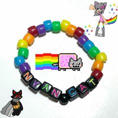 a beaded bracelet with the word mania on it and an image of a cat