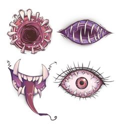 three different types of eyes with long eyelashes and large, purple irises on them