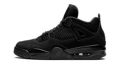 The Air Jordan 4 “Black Cat 2020” marks only the second release of the highly versatile colorway inspired by one of Michael Jordan’s many nicknames.  The first version of the model was released back in Spring 2006 and is lauded by sneaker collectors and fans as one of the greatest non-original colorways of the Air Jordan 4.  The upper of the “Black Cat” Jordan 4 features a matte black nubuck finish.  The netting found on the model’s mid-panel and throat follows suit in with a stealthy appearance Air Jordan 4 Black Cat, Black Cat 4s, Jordan 4 Black, Jordan Model, Jumpman Logo, Nike Dunk High, Jordan 4 Retro, Air Jordan 4, Nike Shox