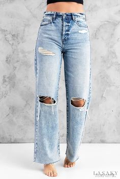 Lasaky - Wide sky blue jeans ripped at the knees Blue Jeans Ripped, Jean Large, Jeans Ripped, Picture Style, Spring Outfits Women, Active Wear Leggings, Acid Wash, Casual Jeans, Raw Edge