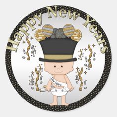 a new year sticker with a baby in a top hat and diaper on it