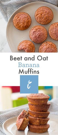 banana muffins stacked on top of each other with text overlay reading beet and oat banana muffins