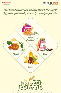 the happy harvest festival flyer is shown with four different foods and drinks on it, including rice