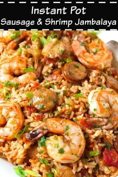 shrimp and shrimp jambaya rice in an instant pot with the title above it