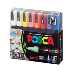 the box contains six different colors of posca markers and one marker with an eraser