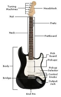 an electric guitar labeled with parts labelled in the body and description for each part on it