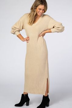 Beige V-Neck Ribbed Sweater Dress – PinkBlush Casual Maternity Dress, Maternity Sweater Dress, Sweater Maxi Dress, Casual Maternity, Ribbed Sweater Dress, Flowy Maxi Dress, Maternity Sweater, Pink Blush Maternity, Hip Dress