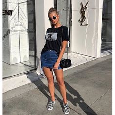 Denim skirt, tshirt, vans slip on. Denim Skirt Tshirt Outfit, Vans Tshirt Outfits, Denim Skirt And Tshirt Outfits, Slipon Vans Outfit, Vans Sneakers Outfit Woman, Skirt And Vans Outfit, Vans With Dress Outfits, Casual Vans Outfit, Vans Checkerboard Outfit Women