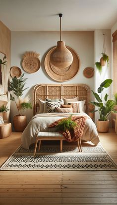 a bedroom with wicker furniture and plants on the wall above the bed, along with potted plants