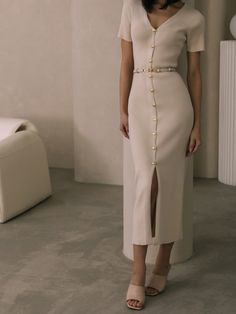 Ribbed knit midi dress with golden fittings :: LICHI - Online fashion store Online Fashion Store, Knit Midi, Professional Outfits, Knit Midi Dress, Online Fashion Stores, Business Casual Outfits