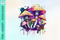 two mushrooms with watercolor splashes on them are in the shape of a face