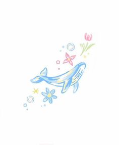 a drawing of a whale with flowers and bubbles on it's back side, in pastel colors