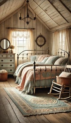 a bed room with a neatly made bed and a rocking chair