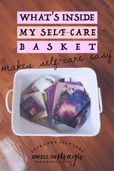 Self-care is easy when you create a self-care basket! This is what I keep in mine. #selfcare #selfcaretips #selfcaretoolkit #selfcarebasket #selfcareblogger #dwellinmagic Self Care Basket, Self Care Worksheets, Care Basket, Grounding Techniques, Magical Life, My Self