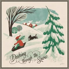 an old fashioned christmas card with a dog sledding down the hill next to a tree