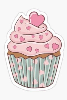 a cupcake with pink frosting and hearts on it sticker is sitting in front of a white background