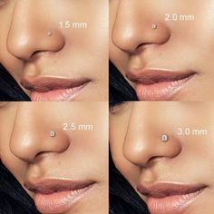 four pictures showing how to put the nose piercings on someone's lips with different angles