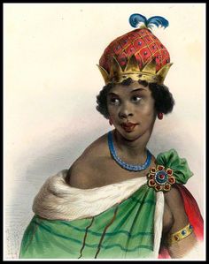 a drawing of a woman wearing a crown and green dress with feathers on her head