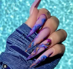 Encapsulated Stiletto Nails, Multi Colored Marble Nails, Dope Nails Summer, Hand Painted Nail Designs, Trippy Nails, Acrylic Inspiration, Colorful Nails