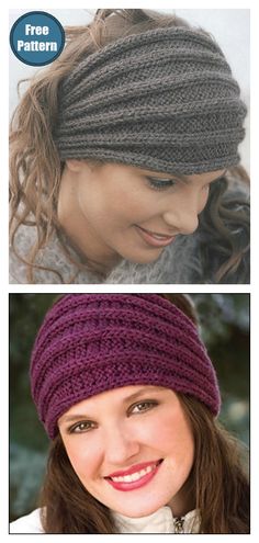 two photos with the same woman wearing a knitted headband and smiling at the camera