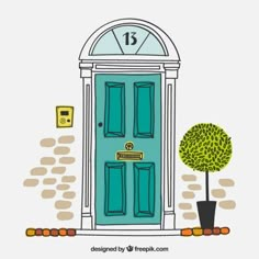 a blue door with a clock on it and a tree in front of it that says 15