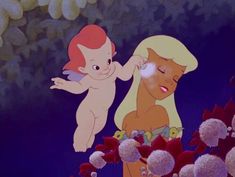 an animated image of a woman brushing her hair next to a cartoon cat and dog