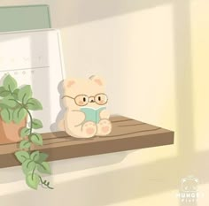 a teddy bear sitting on a shelf next to a potted plant