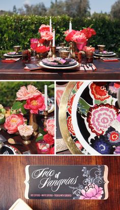 the table is decorated with pink flowers and gold plates, candles, and napkins