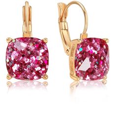 PRICES MAY VARY. STYLISH DESIGN - Add a touch of statement sparkle to your look with these hot pink sparkly fun earrings for women. Designed to be lightweight and comfortable, these lever back square earrings easily transition any outfit from day to night. Glitter-filled simulated gemstones in gold-tone four-prong settings with leverback earring closure. SUPERIOR QUALITY - Every detail has been fine-tuned for maximum quality, longevity, and comfort. Approximate Measurements: 12 mm stone Lightwei Pink Earrings With Lever Back Ear Wires For Party, Elegant Glitter Dangle Earrings, Pink Glitter Earrings, Bridal Party Accessories, Hot Pink Earrings, Earrings Outfit, Gold Earrings For Women, Pink Sparkly, Cute Gift Boxes