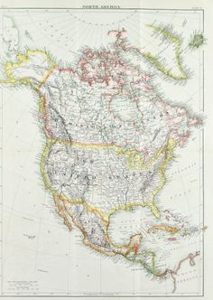 an old map of the united states and canada with major cities, roads, and rivers