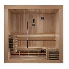 the inside of a wooden sauna