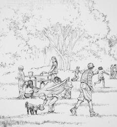 a black and white drawing of children playing in the park with their dog, while adults watch