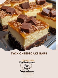 two cheesecake bars with chocolate and caramel toppings