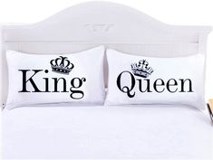 two pillows with the words king and queen on them