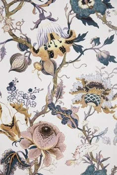 an image of a wallpaper with flowers and plants on it's side,