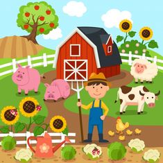 a man standing in the middle of a field with farm animals and sunflowers