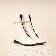 Boots. Cream Leather Boots With Lug Sole, Cream Leather Platform Boots, Chic Cream Leather Mid-calf Boots, White Leather Lace-up Moto Boots, Off-white Leather Boots With Round Toe, Thick Socks, Winter Socks, Beautiful Boots, White Boots