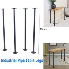 the industrial pipe table legs are shown in three different sizes and colors, along with an image of a plant