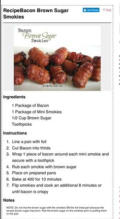 the recipe for bacon brown sugar bites is shown in this screenshote screen shot