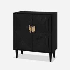 a black cabinet with gold accents on the front and side panels, it has a geometric design