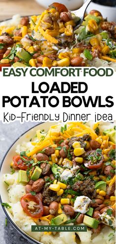 Close-up of a loaded potato bowl topped with colorful ingredients like pinto beans, corn, cherry tomatoes, avocado, cheese, and herbs. This easy comfort food is a kid-friendly dinner idea. Text on the image reads 'Easy Comfort Food Loaded Potato Bowls - Kid-Friendly Dinner Idea. Loaded Potato Bowl, Potato Bowl Recipe, Potato Bowl, Loaded Potato, Hearty Meal, Bowl Recipe