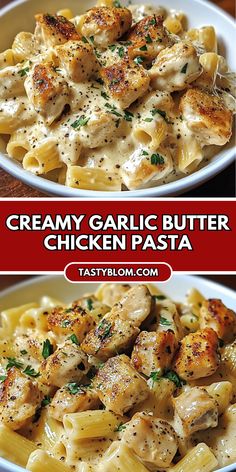 creamy garlic butter chicken pasta in a white bowl