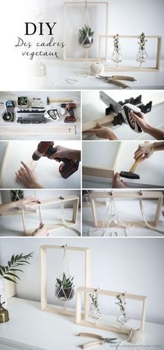 a series of photos showing how to make a diy photo frame with scissors and glue