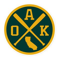 a green and yellow sticker with two crossed baseball bats