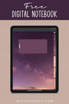 a tablet with the text free digital notebook on it and an image of a purple sky