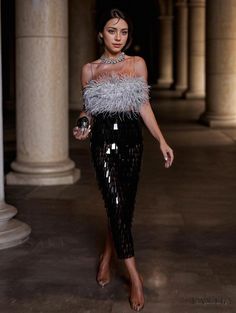 Lasaky - Seductive Sequin Pencil Skirt Feather Patchwork Suspender Dress Black Dress Feathers, Feather Crop Top, The Black Dress, Feather Top, Sequin Pencil Skirt, Nye Dress, Feather Tops, Wrap Around Skirt, Top Skirt Set